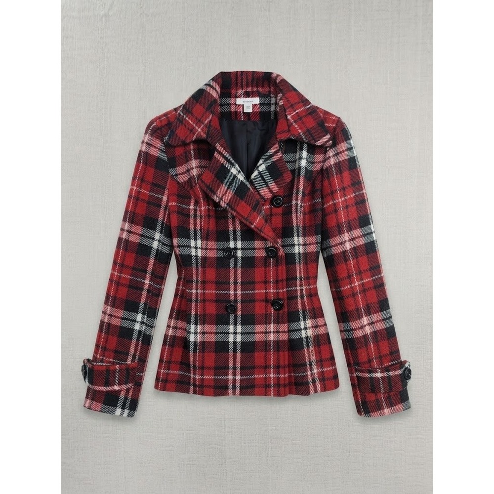 Dressbarn Red Black Plaid Wool Blend Double Breasted Pea Coat Jacket Womens Y2K